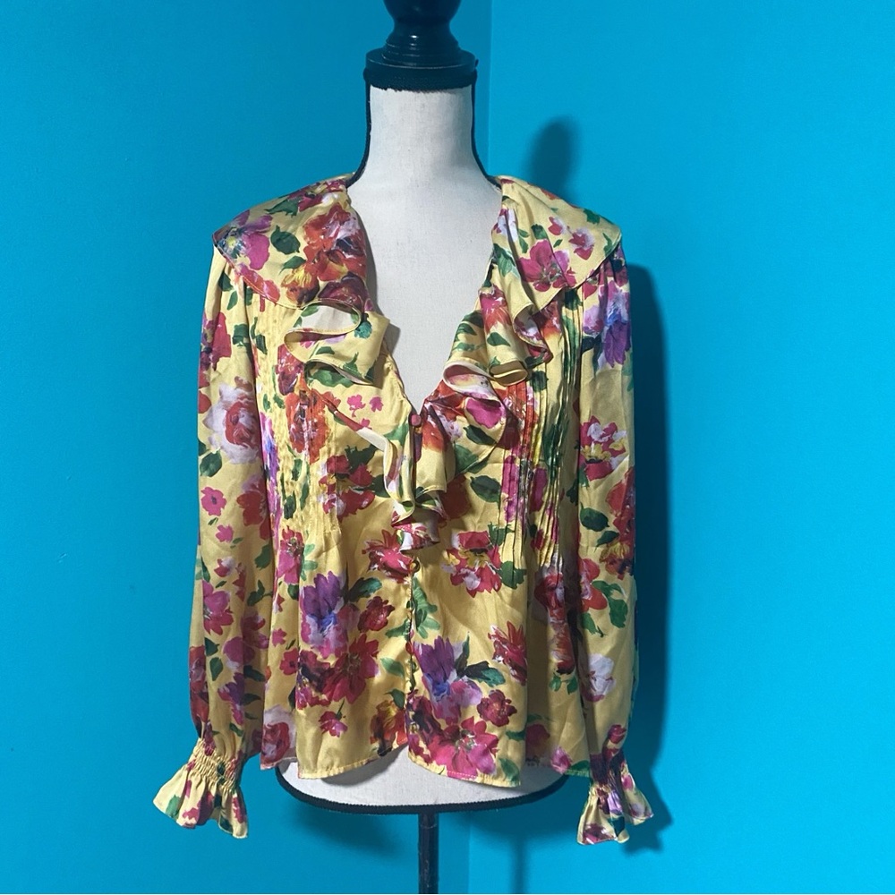 M ZARA M Yellow Colorful Floral Print Ruffle Front Long Sleeve Silky Blouse - Picture 2 of 6